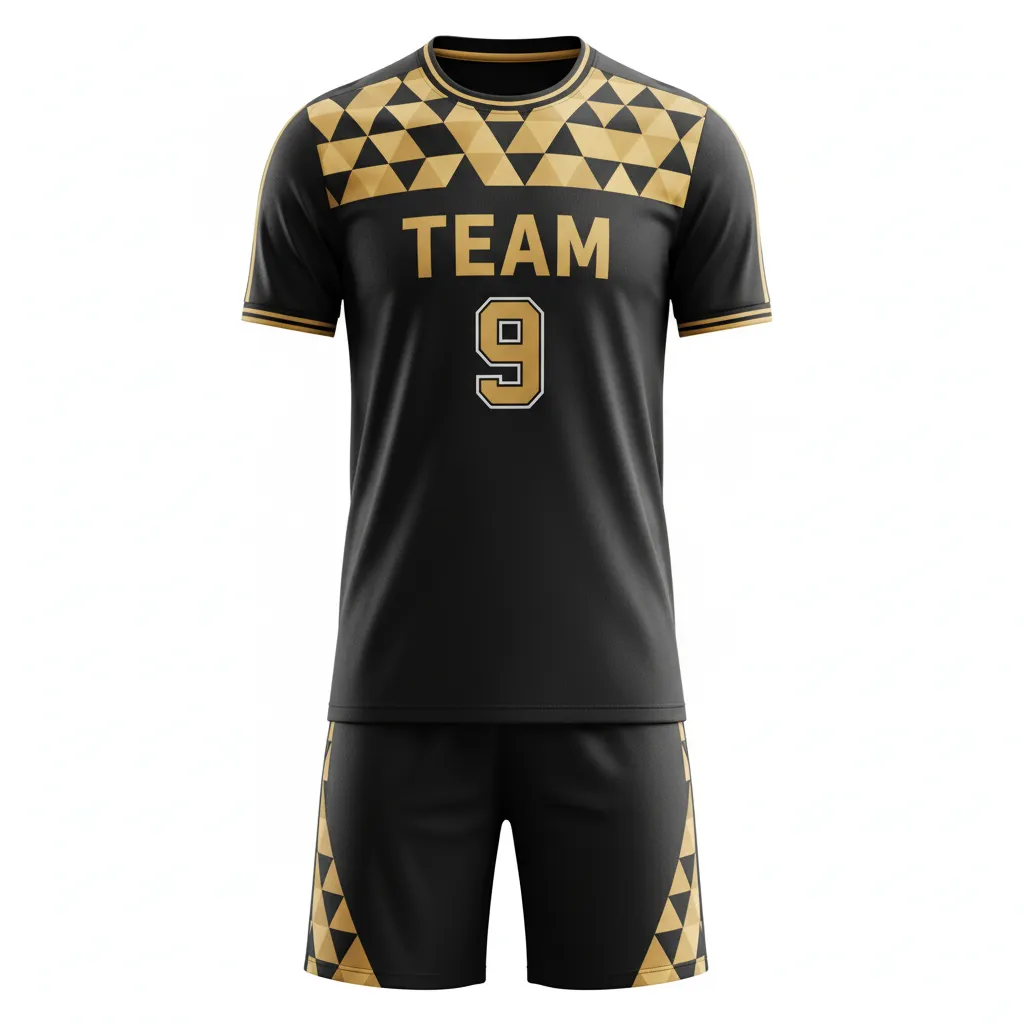Custom Soccer Standard Soccer Uniform - Black, Gold - Standard Uniform Vegas Geometric Triangles - Front View - HAMCO Sports Inc.