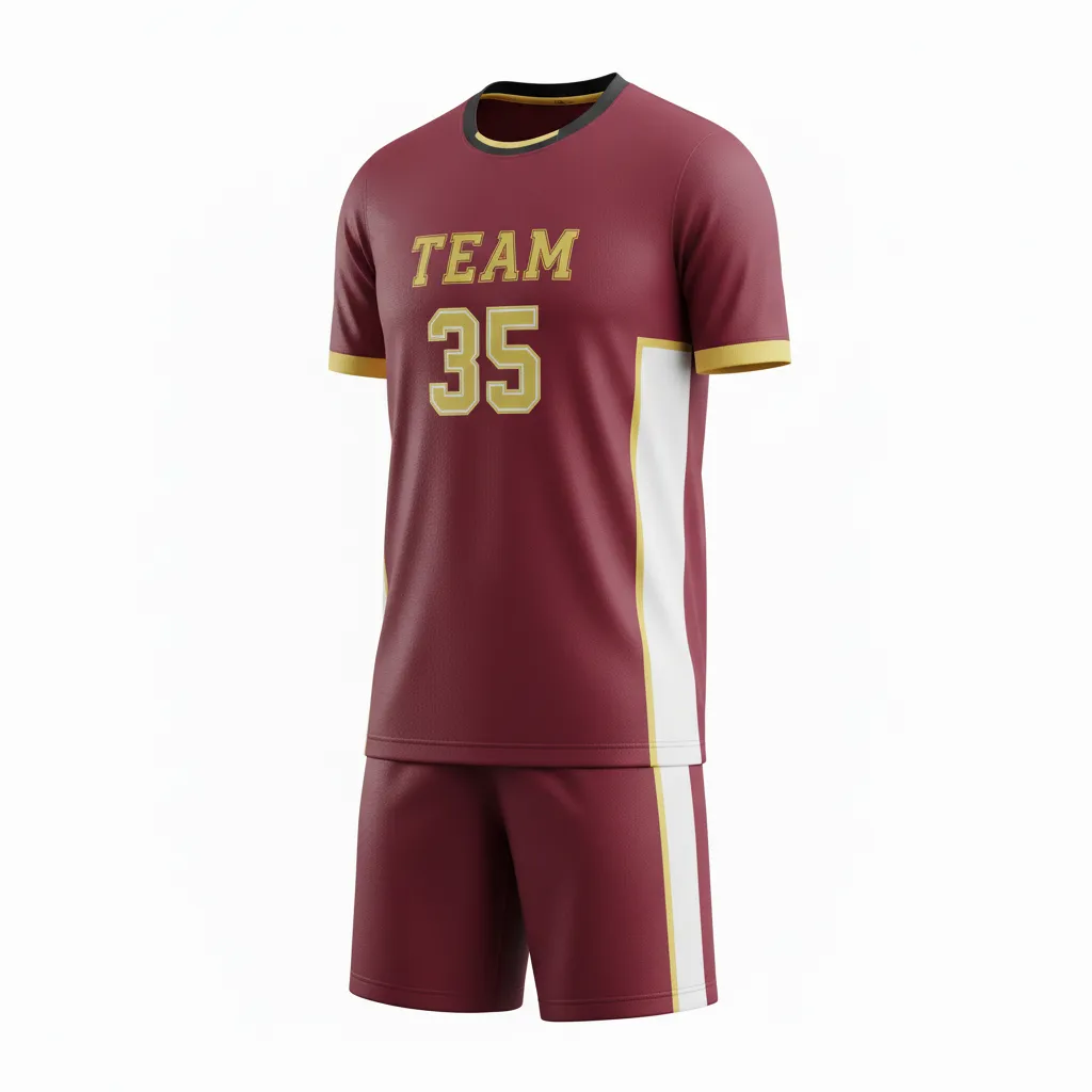 Custom Soccer Standard Soccer Uniform - Burgundy, Gold, White - Standard Uniform Classic - Front View - HAMCO Sports Inc.