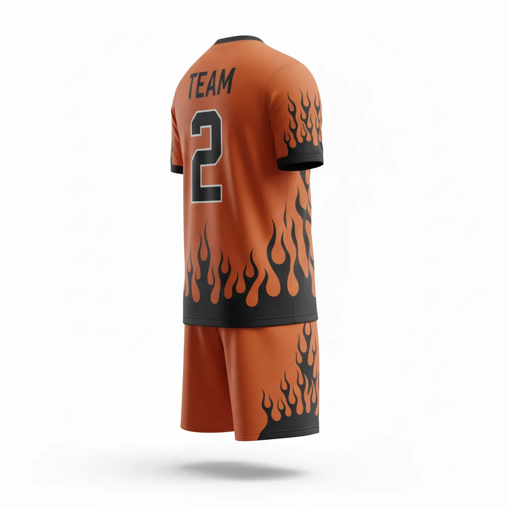 Custom Soccer Standard Soccer Uniform - Burnt, Orange, Black - Standard Uniform Flame Accents - Back View - HAMCO Sports Inc.