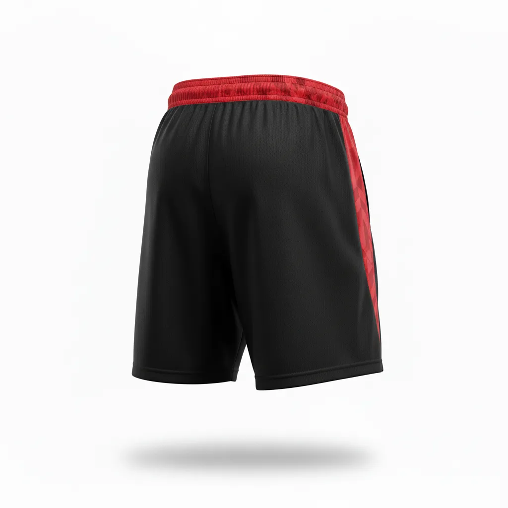 Custom Soccer Training Shorts - Black, Red - Training Shorts Side Panels - Back View - HAMCO Sports Inc.