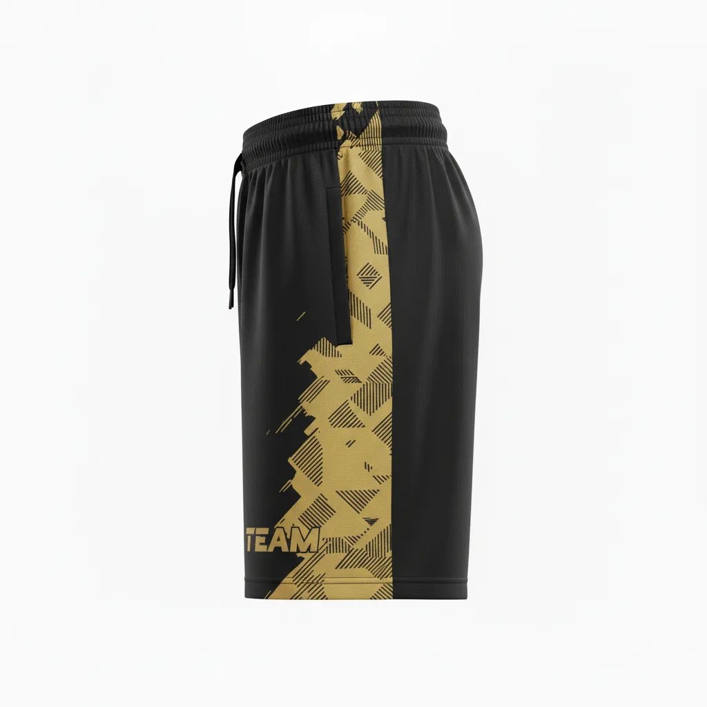 Custom Soccer Training Shorts - Black, Gold - Training Shorts Vegas Diagonal Accent - Side View - HAMCO Sports Inc.