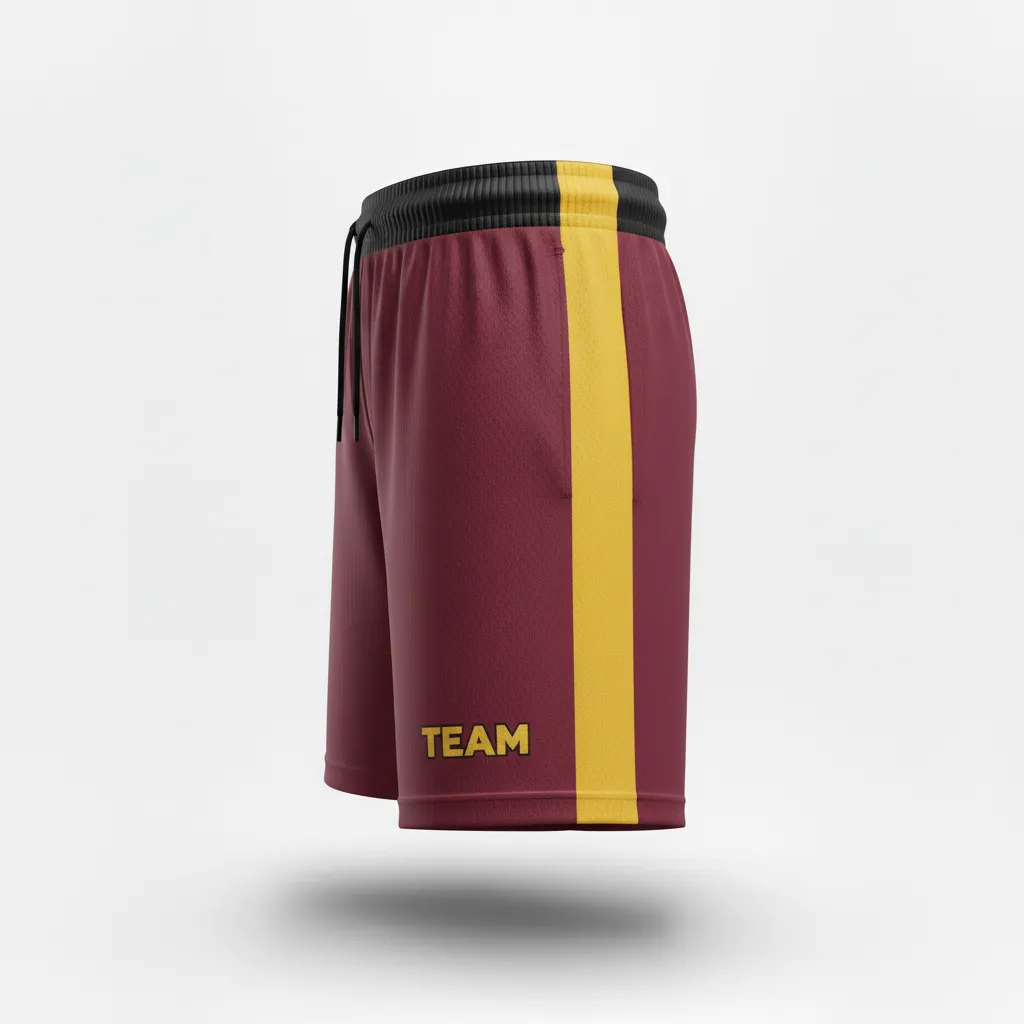 Custom Soccer Training Shorts - Burgundy, Gold - Training Shorts Diagonal Accent - Side View - HAMCO Sports Inc.