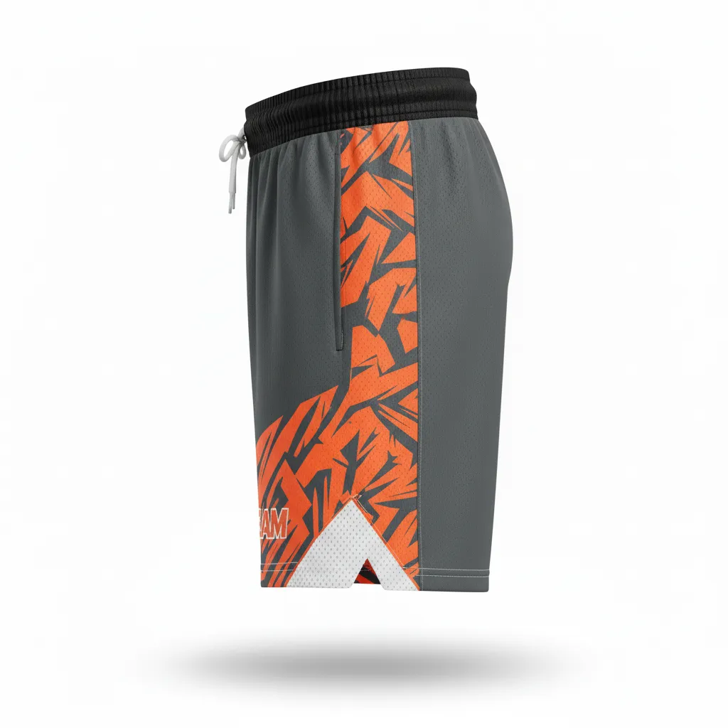 Custom Soccer Training Shorts - Orange - Training Shorts Charcoal Neon Geometric - Side View - HAMCO Sports Inc.