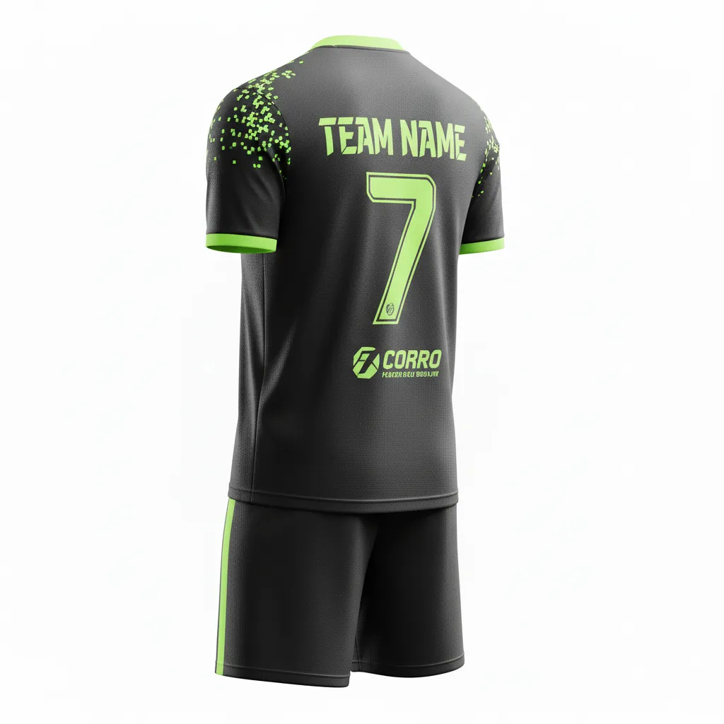 Custom Soccer V Neck Soccer Uniform - Black, Green - V Neck Uniform Neon Pixel Pattern - Back View - HAMCO Sports Inc.