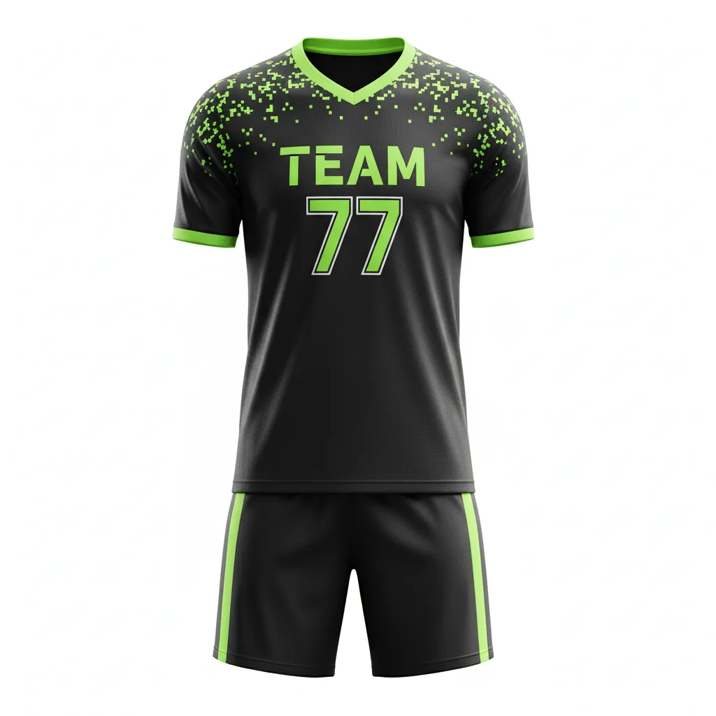 Custom Soccer V Neck Soccer Uniform - Black, Green - V Neck Uniform Neon Pixel Pattern - Front View - HAMCO Sports Inc.