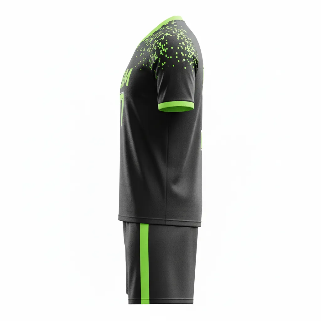 Custom Soccer V Neck Soccer Uniform - Black, Green - V Neck Uniform Neon Pixel Pattern - Side View - HAMCO Sports Inc.