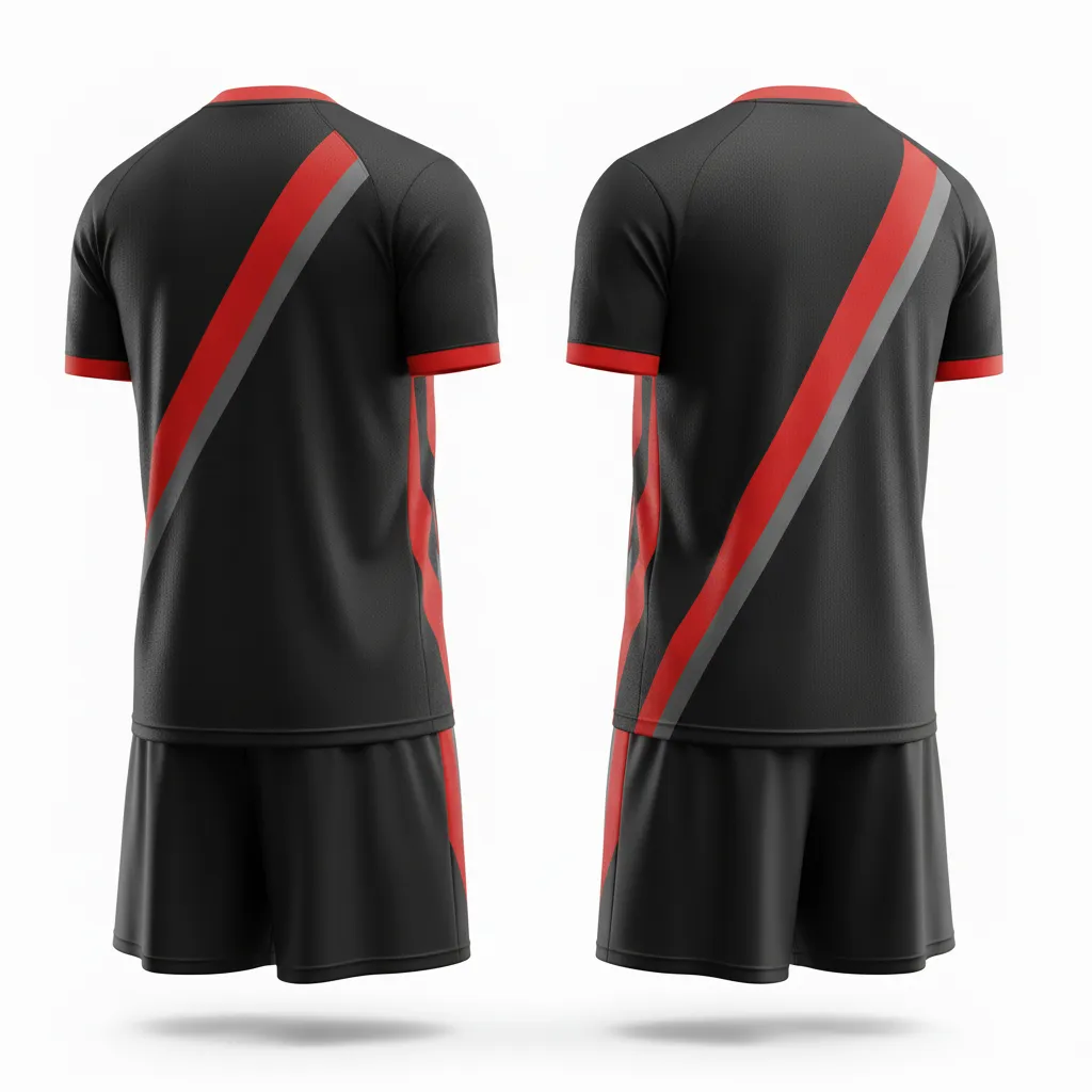 Custom Soccer V Neck Soccer Uniform - Black, Red, Grey - V Neck Uniform Modern Geometric - Back View - HAMCO Sports Inc.