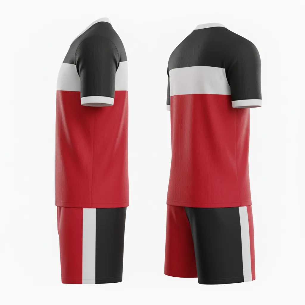 Custom Soccer V Neck Soccer Uniform - Black, Red, White - V Neck Uniform Split Halves - Back View - HAMCO Sports Inc.