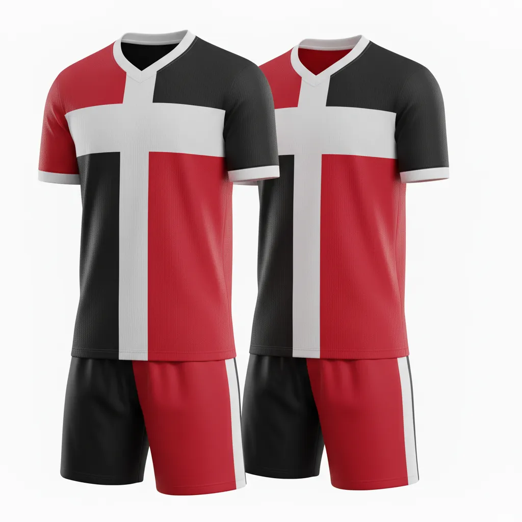 Custom Soccer V Neck Soccer Uniform - Black, Red, White - V Neck Uniform Split Halves - Front View - HAMCO Sports Inc.