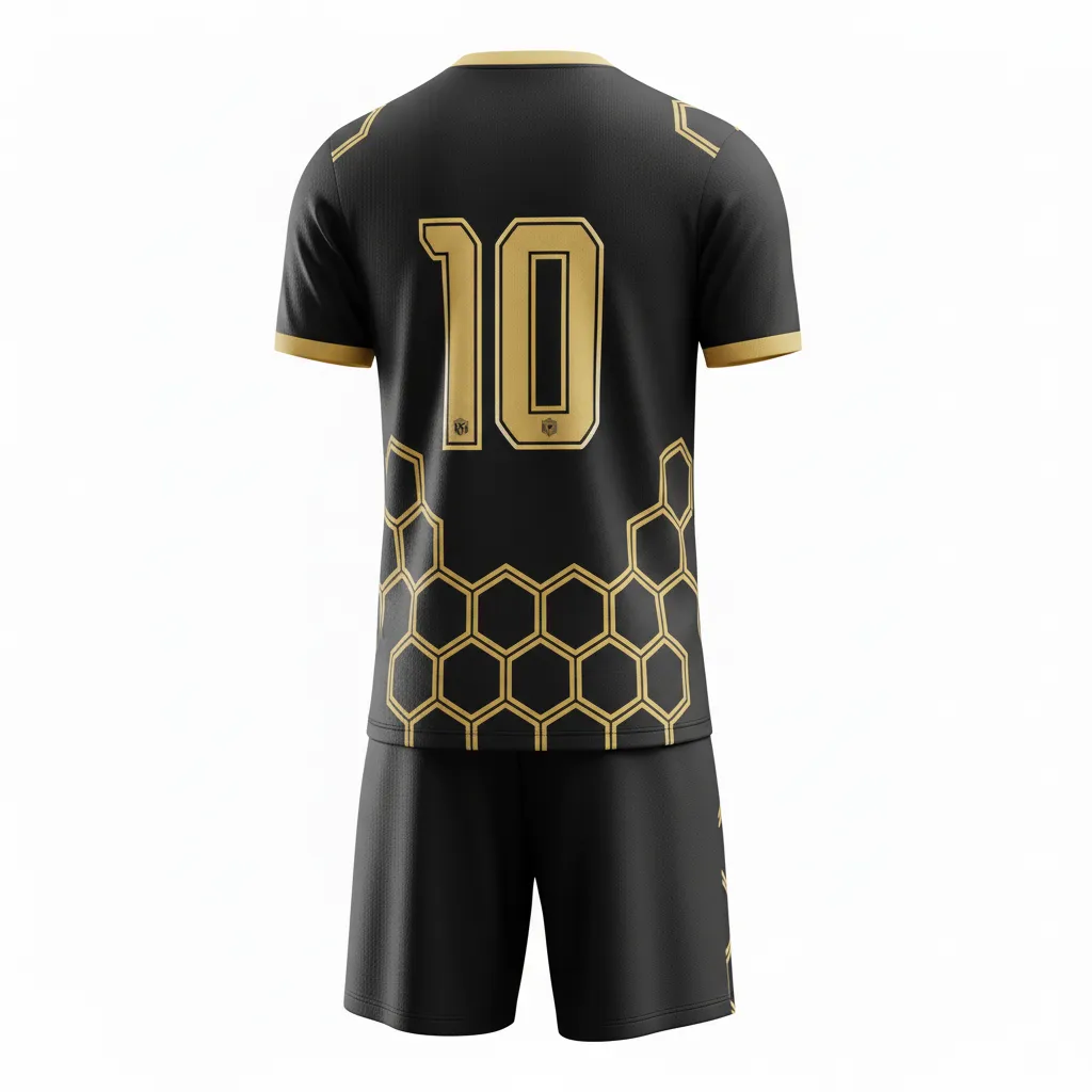 Custom Soccer V Neck Soccer Uniform - Black, Gold - V Neck Uniform Vegas Geometric Hexagons - Back View - HAMCO Sports Inc.