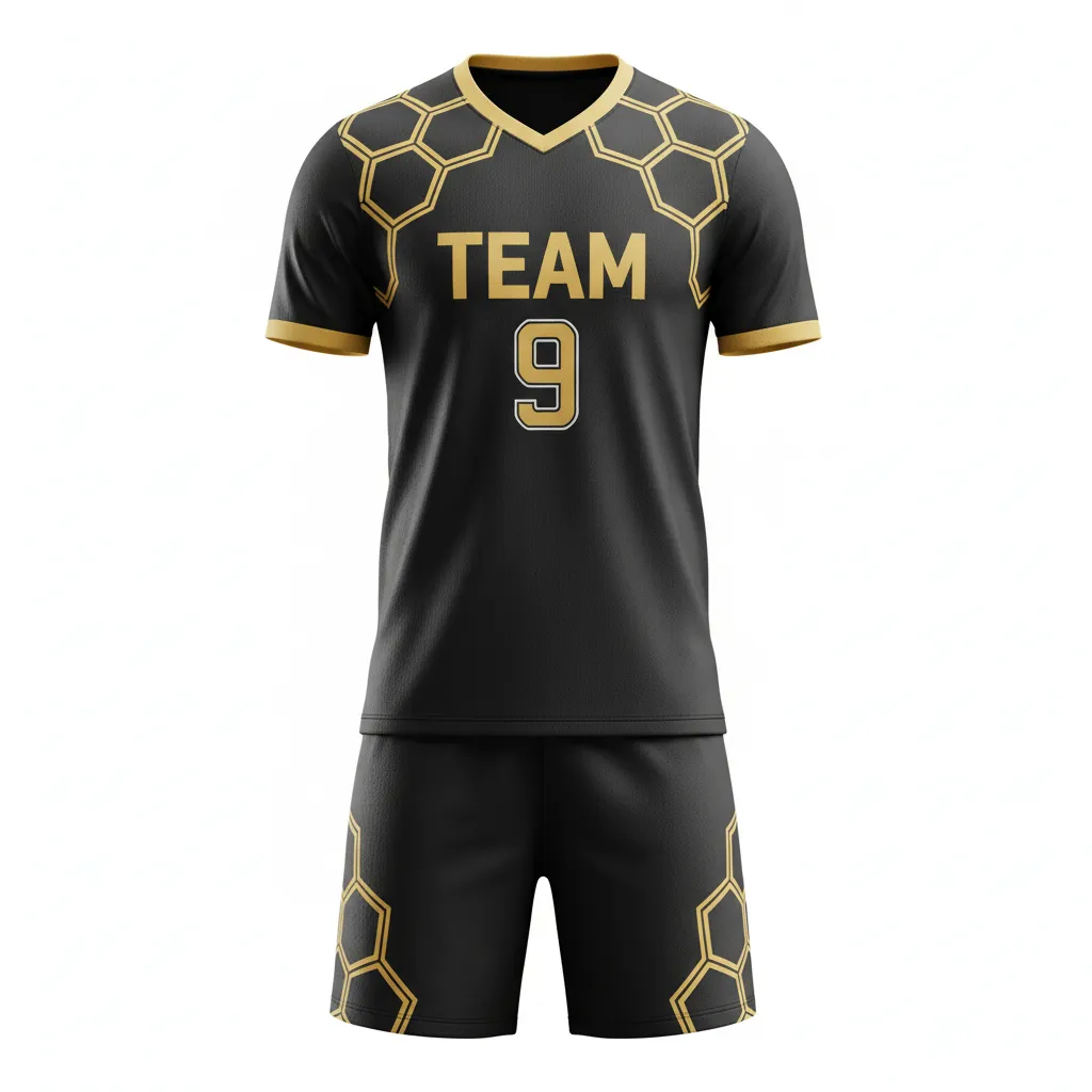 Custom Soccer V Neck Soccer Uniform - Black, Gold - V Neck Uniform Vegas Geometric Hexagons - Front View - HAMCO Sports Inc.