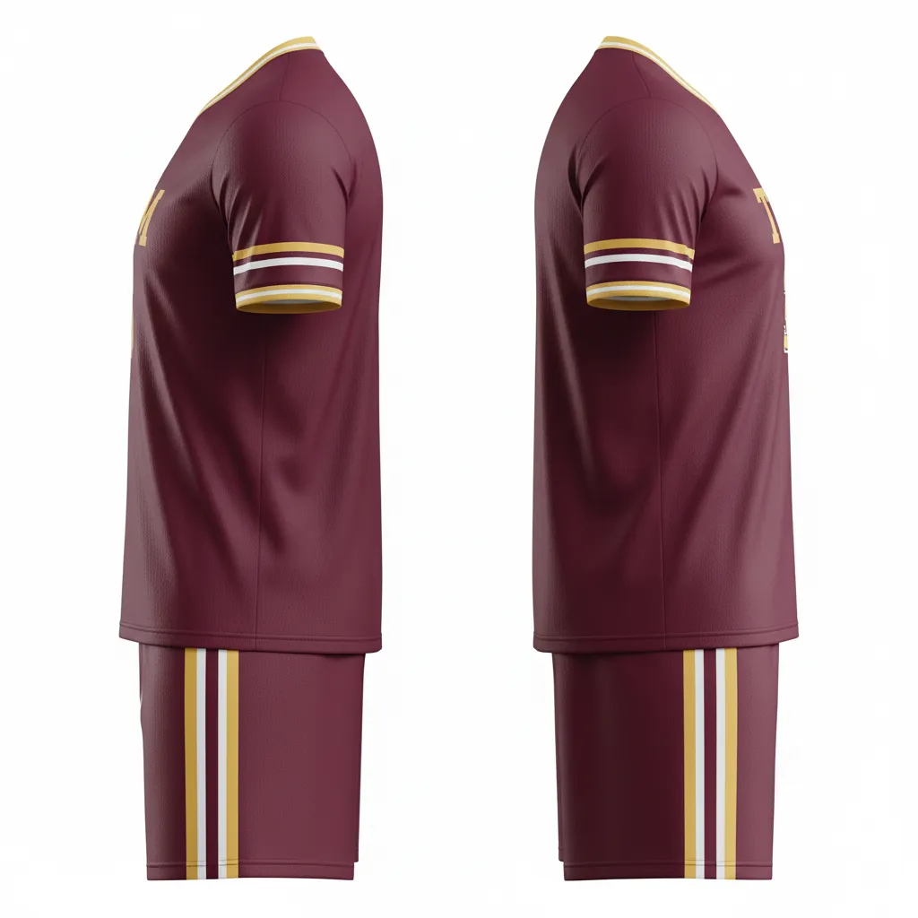 Custom Soccer V Neck Soccer Uniform - Burgundy, Gold, White - V Neck Uniform Elegant - Side View - HAMCO Sports Inc.