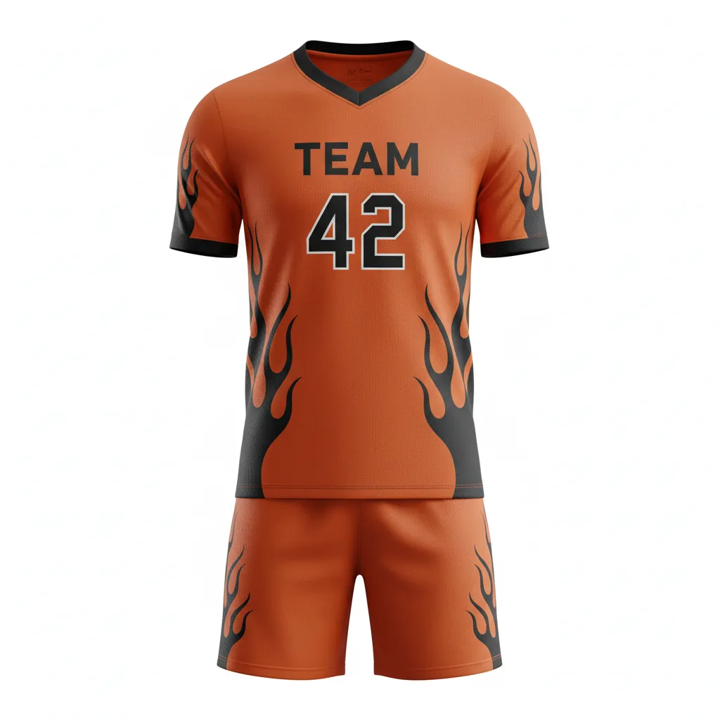 Custom Soccer V Neck Soccer Uniform - Burnt, Orange, Black - V Neck Uniform Flame Graphics - Front View - HAMCO Sports Inc.