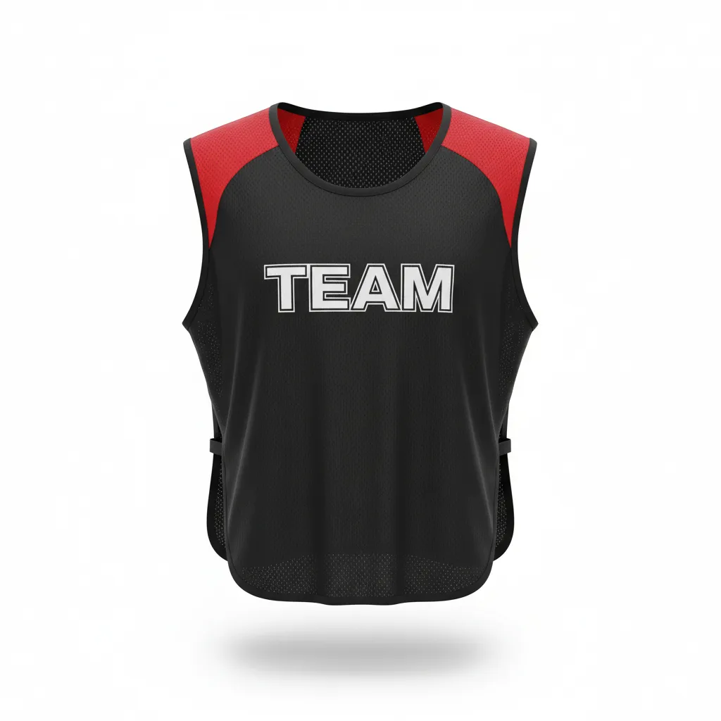 Custom Soccer Warmup Bib - Black, Red - Training Bib Shoulder Panels - Front View - HAMCO Sports Inc.