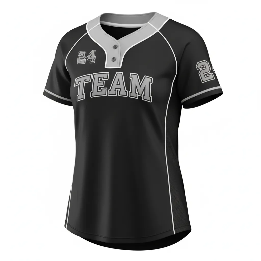Custom Softball 2 Button Softball Jersey - Custom Design - Blacksilverwhite - Front View - HAMCO Sports Inc.