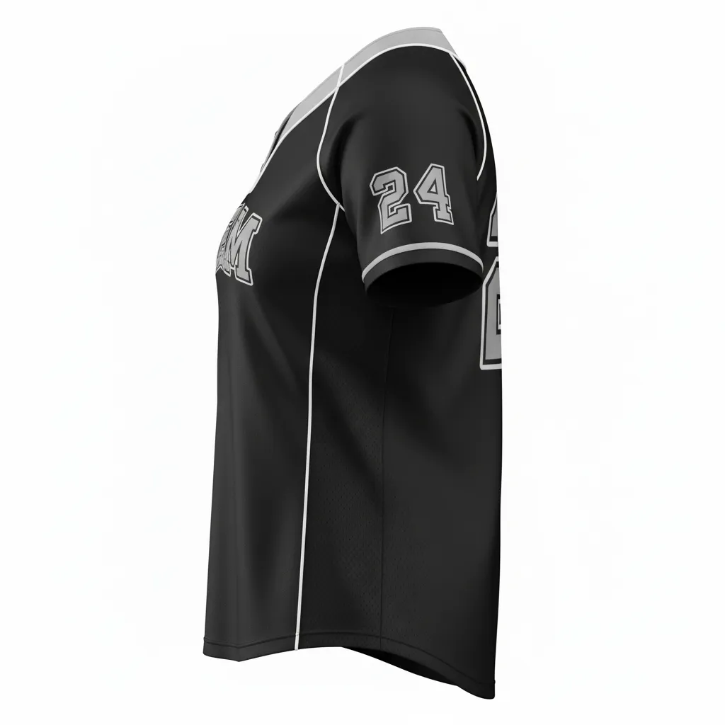 Custom Softball 2 Button Softball Jersey - Custom Design - Blacksilverwhite - Side View - HAMCO Sports Inc.