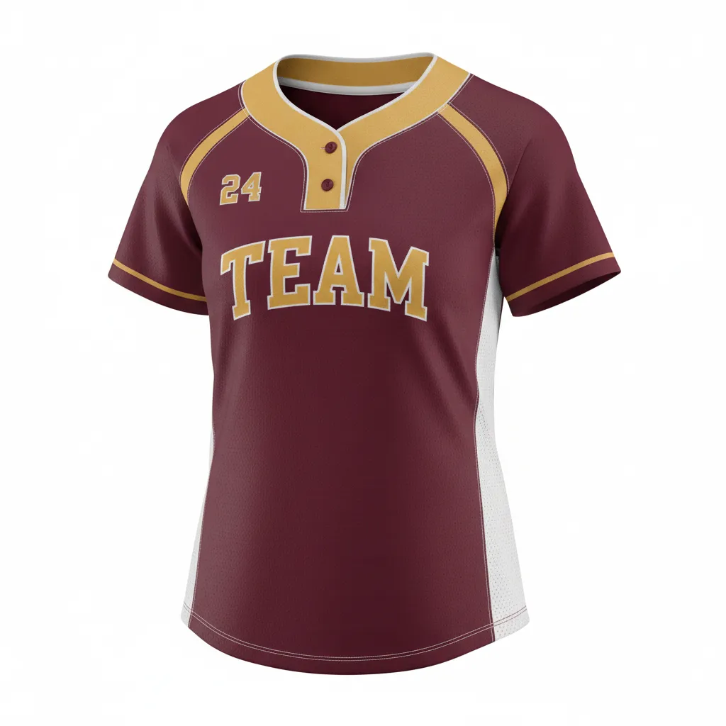 Custom Softball 2 Button Softball Jersey - Custom Design - Burgundygoldwhite - Front View - HAMCO Sports Inc.