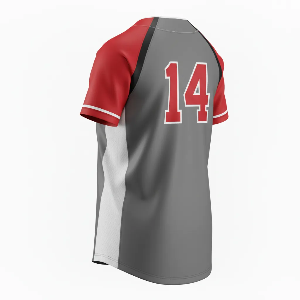 Custom Softball 2 Button Softball Jersey - Custom Design - Charcoalredwhite - Back View - HAMCO Sports Inc.