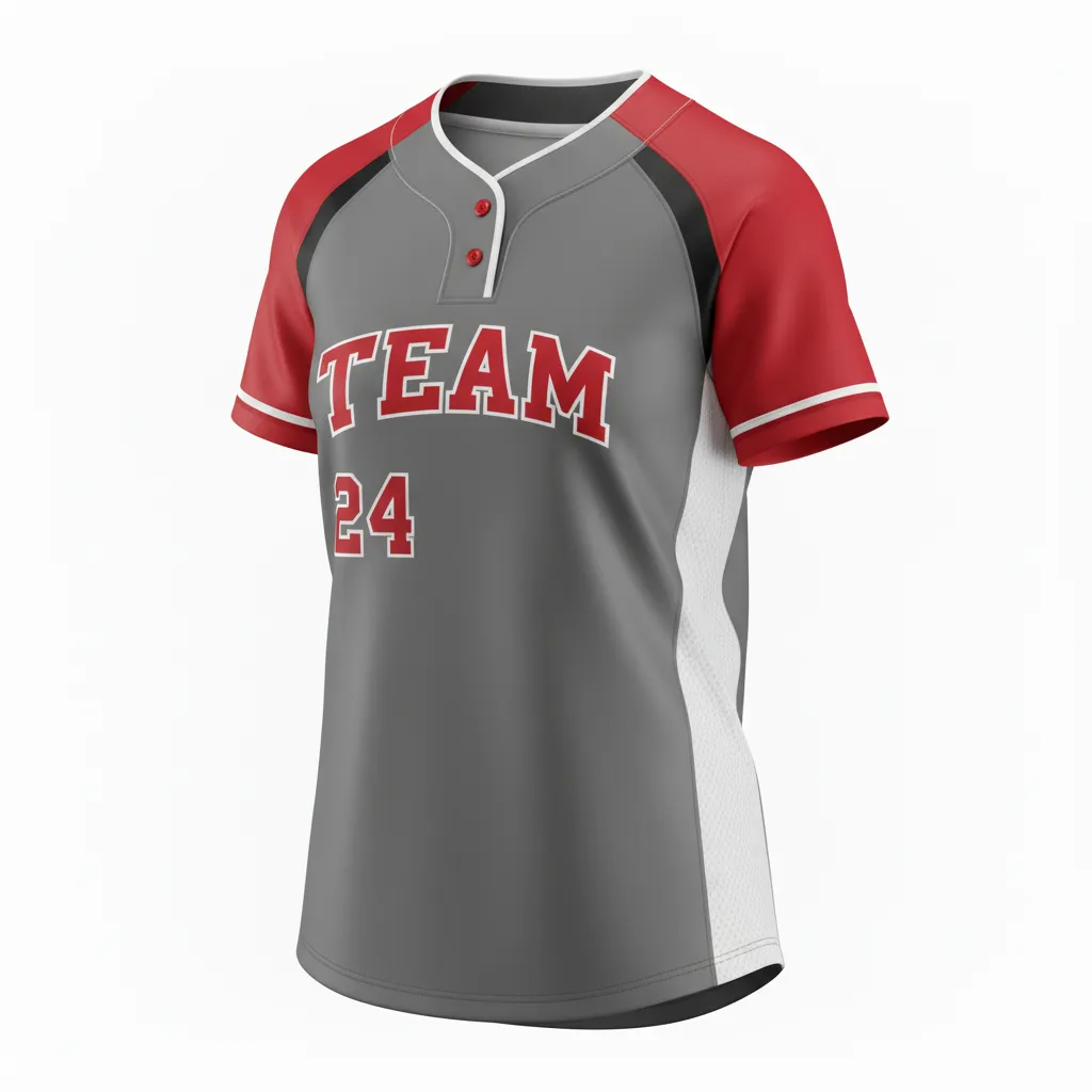 Custom Softball 2 Button Softball Jersey - Custom Design - Charcoalredwhite - Front View - HAMCO Sports Inc.