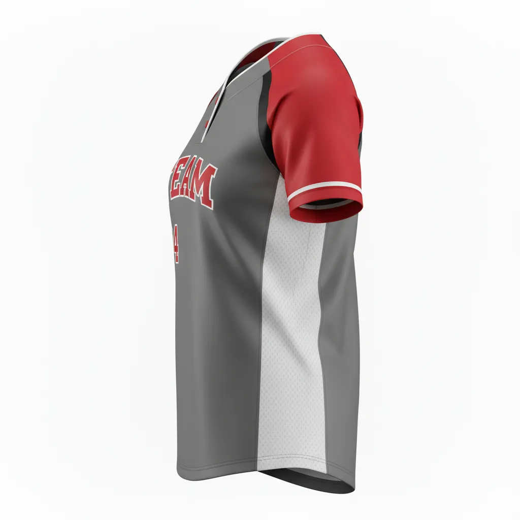Custom Softball 2 Button Softball Jersey - Custom Design - Charcoalredwhite - Side View - HAMCO Sports Inc.