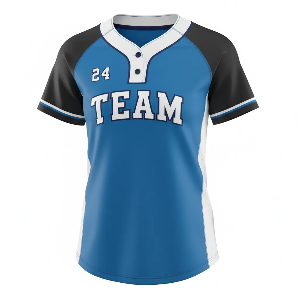 Custom Softball 2 Button Softball Jersey - Custom Design - Columbiawhitenavy - Front View - HAMCO Sports Inc.