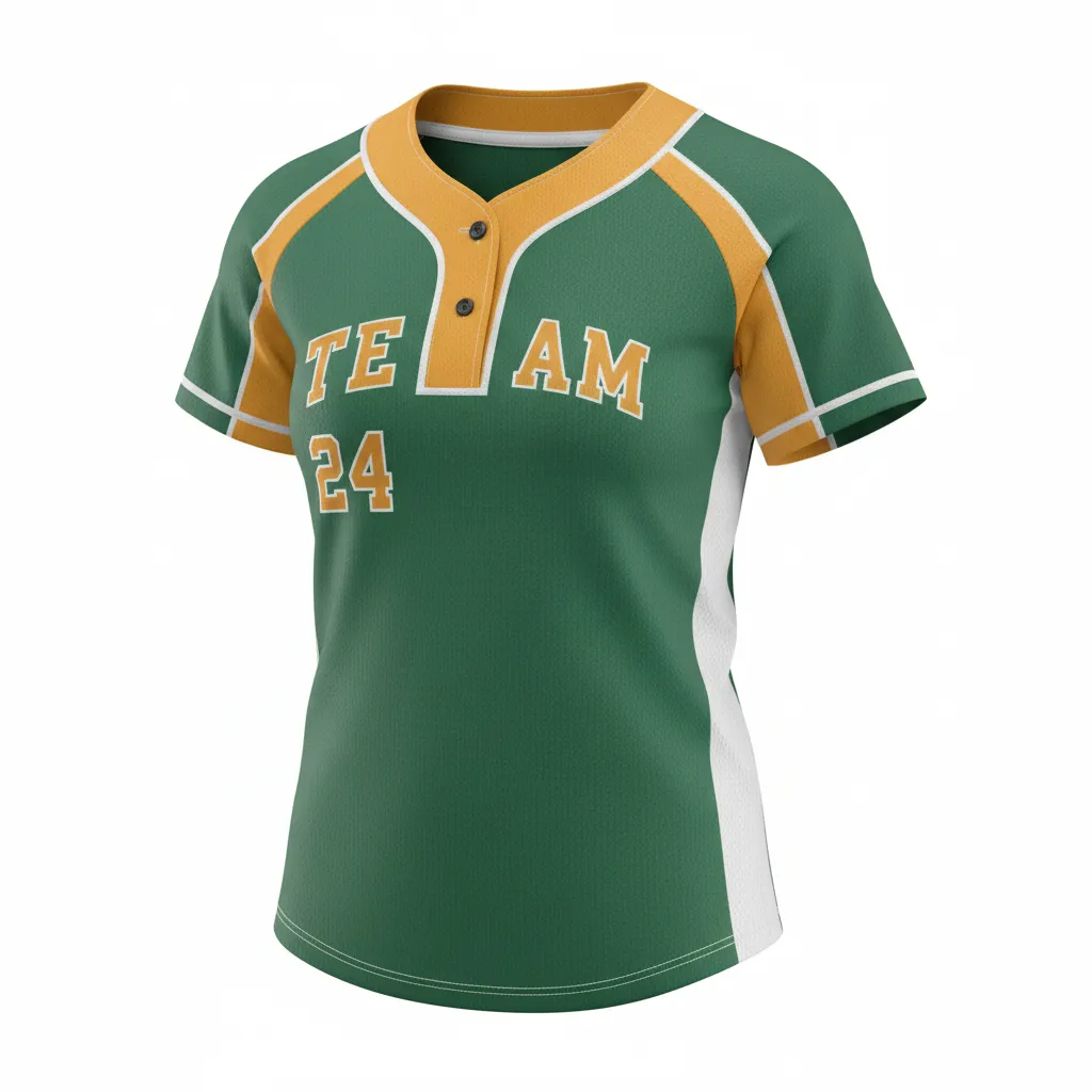 Custom Softball 2 Button Softball Jersey - Custom Design - Forestgoldwhite - Front View - HAMCO Sports Inc.