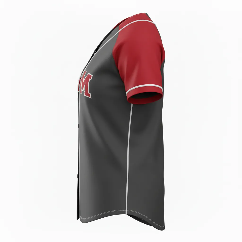 Custom Softball Full Button Softball Jersey - Custom Design - Charcoalredwhite - Side View - HAMCO Sports Inc.