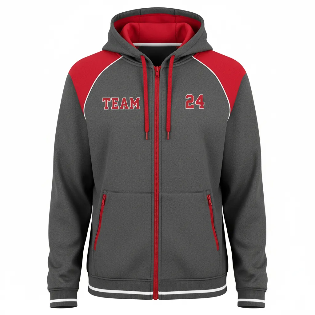 Custom Softball Full Zip Hoodie - Custom Design - Charcoalredwhite - Front View - HAMCO Sports Inc.