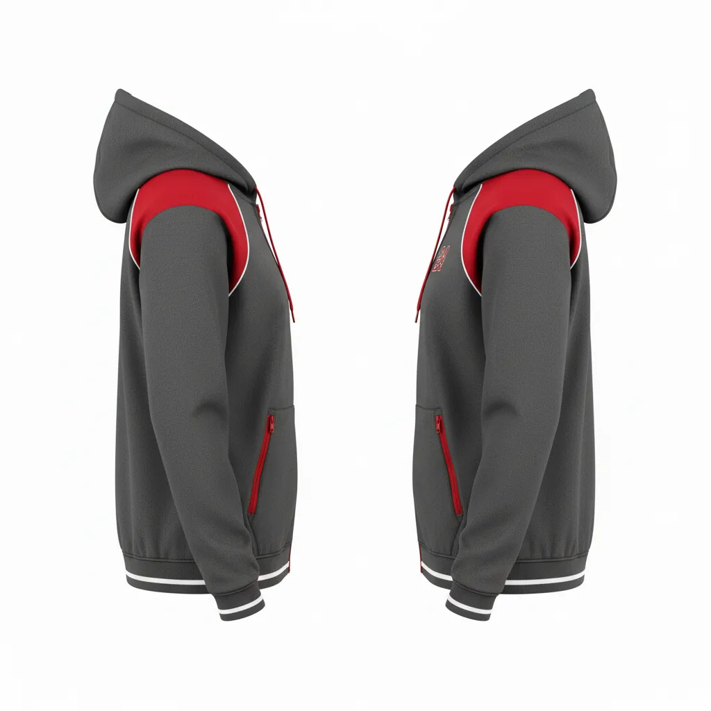 Custom Softball Full Zip Hoodie - Custom Design - Charcoalredwhite - Side View - HAMCO Sports Inc.