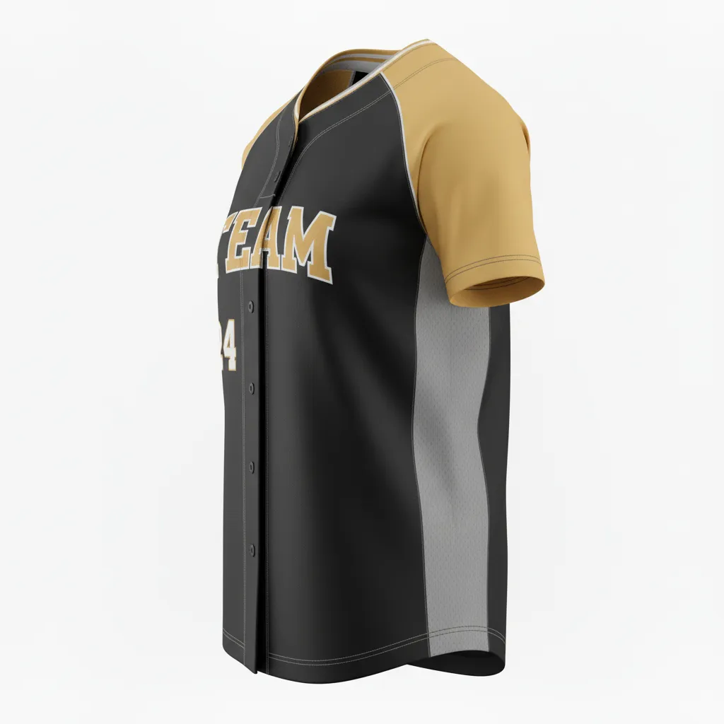 Custom Softball Round Neck Softball Jersey - Custom Design - Blackgoldwhite - Side View - HAMCO Sports Inc.