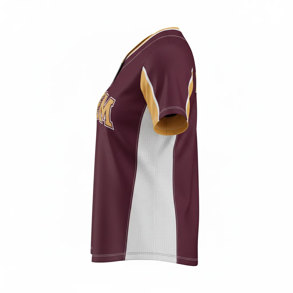 Custom Softball Round Neck Softball Jersey - Custom Design - Burgundygoldwhite - Side View - HAMCO Sports Inc.