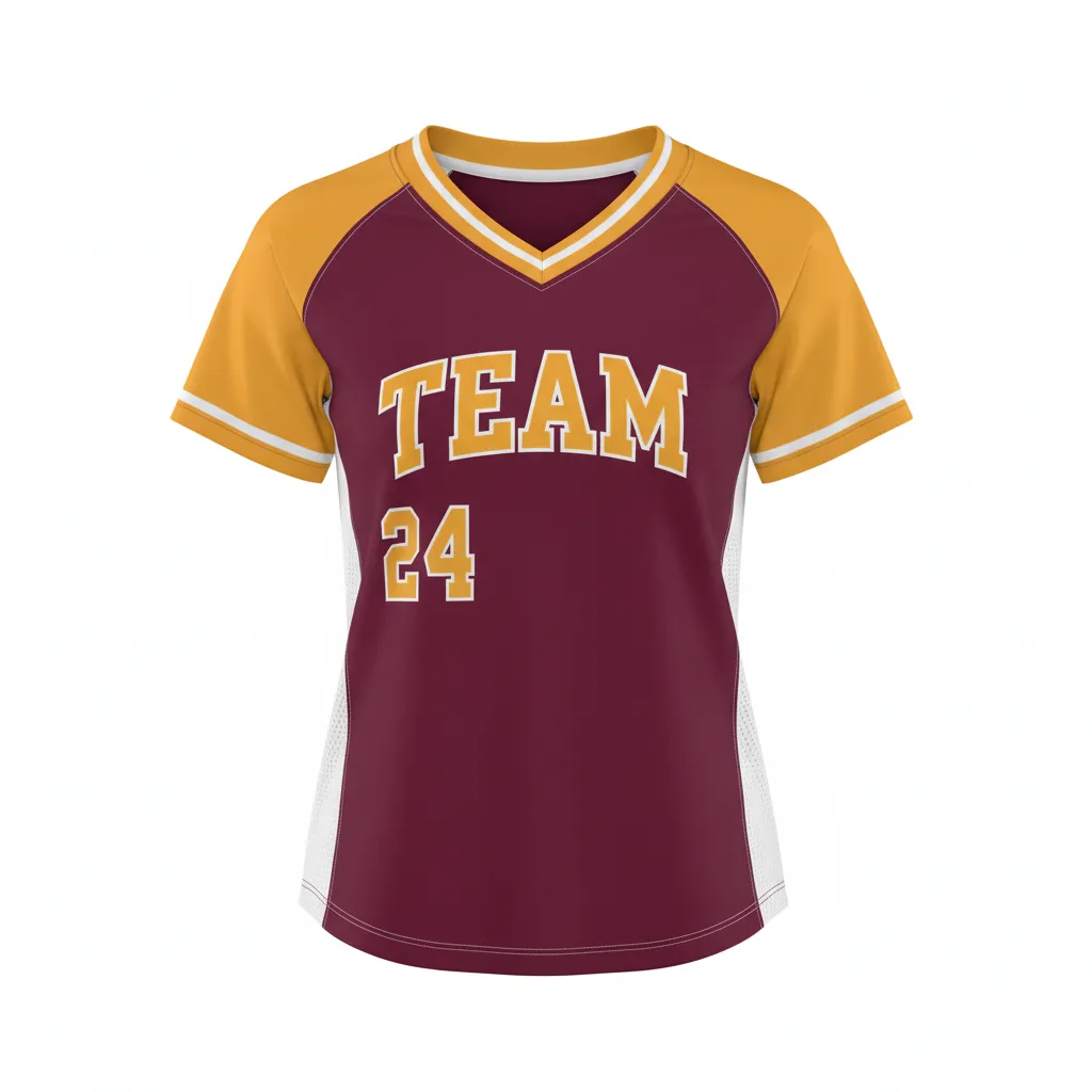 Custom Softball V Neck Softball Jersey - Custom Design - Burgundygoldwhite - Front View - HAMCO Sports Inc.