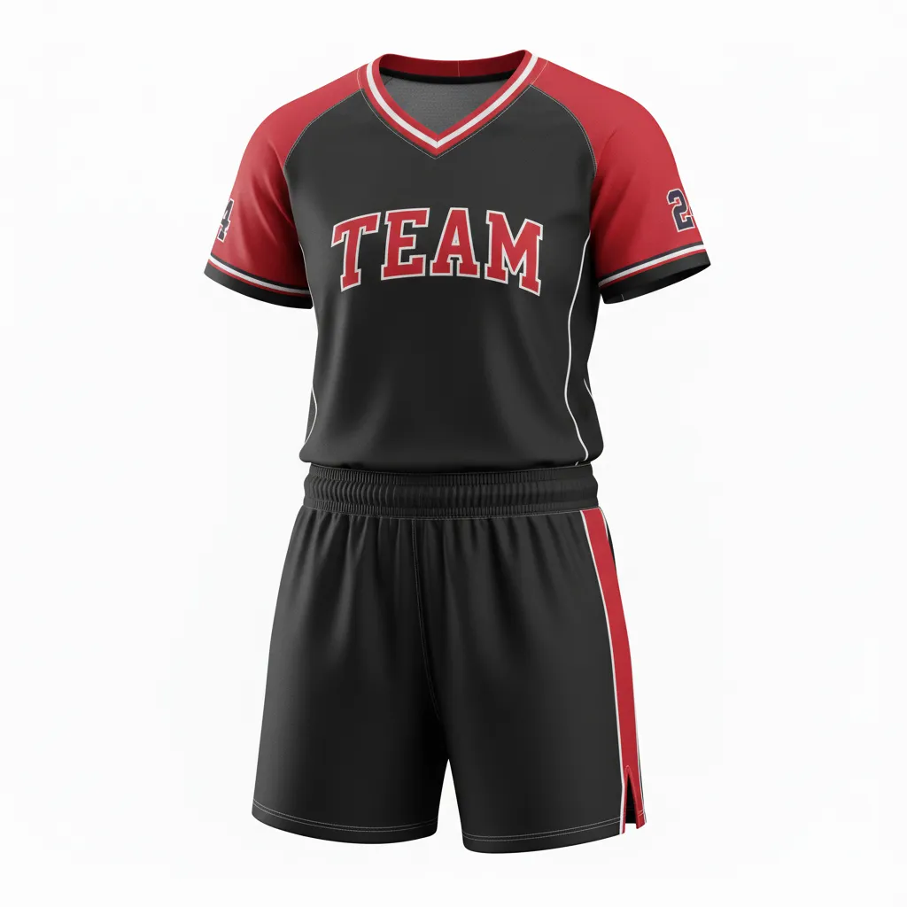 Custom Softball V Neck Softball Uniform - Custom Design - Blackredwhite - Front View - HAMCO Sports Inc.