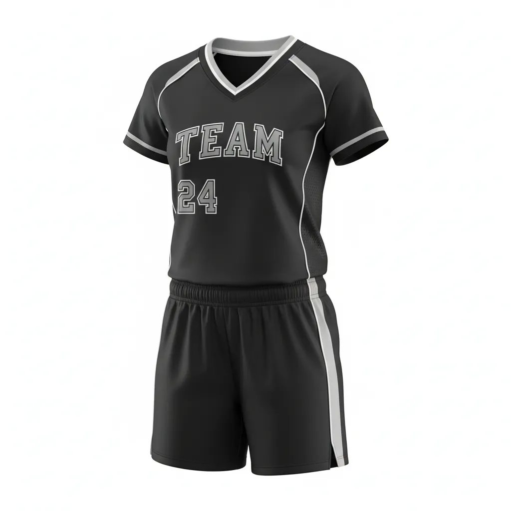 Custom Softball V Neck Softball Uniform - Custom Design - Blacksilverwhite - Front View - HAMCO Sports Inc.