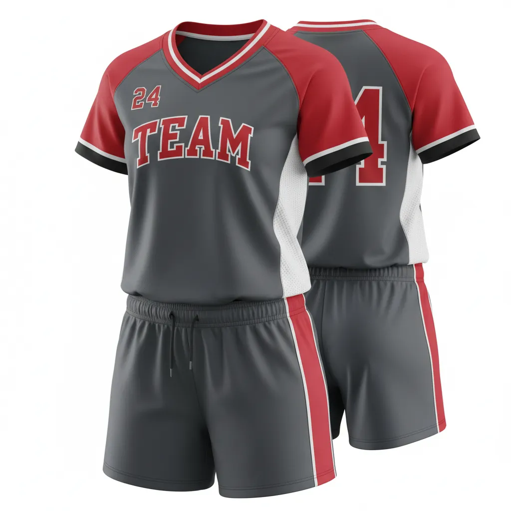 Custom Softball V Neck Softball Uniform - Custom Design - Charcoalredwhite - Front View - HAMCO Sports Inc.