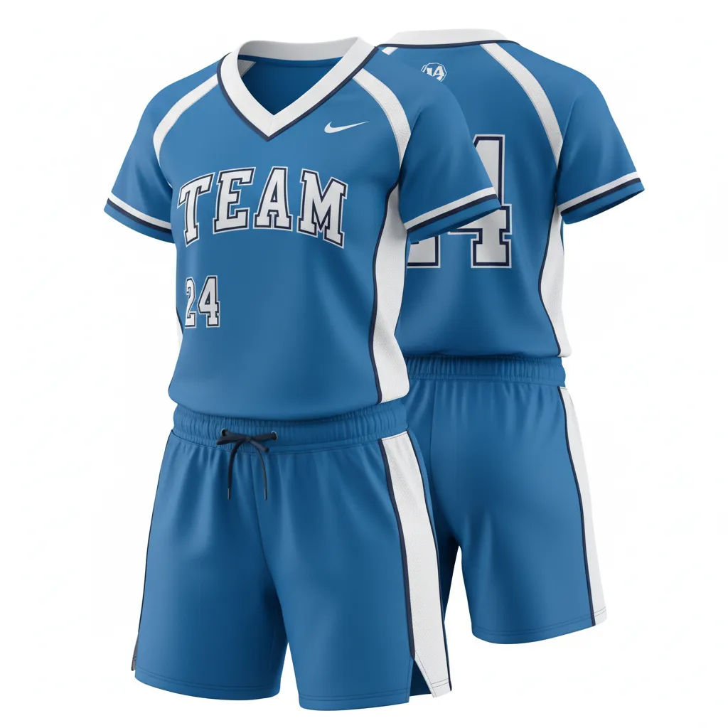 Custom Softball V Neck Softball Uniform - Custom Design - Columbiawhitenavy - Front View - HAMCO Sports Inc.