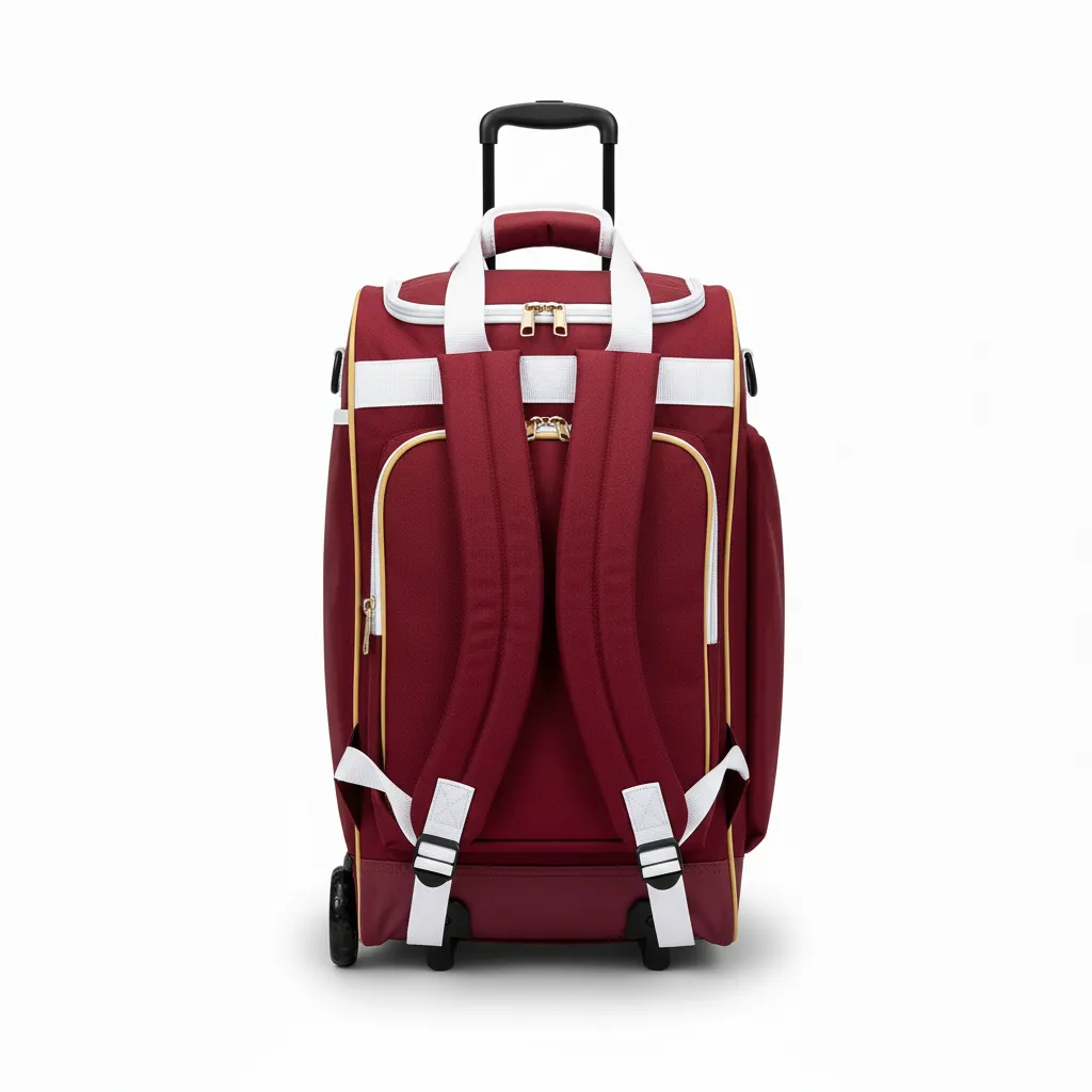 Custom Softball Wheeled Bag - Custom Design - Burgundygoldwhite - Back View - HAMCO Sports Inc.