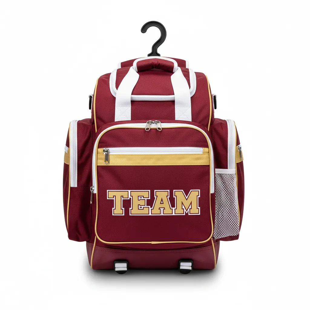 Custom Softball Wheeled Bag - Custom Design - Burgundygoldwhite - Front View - HAMCO Sports Inc.