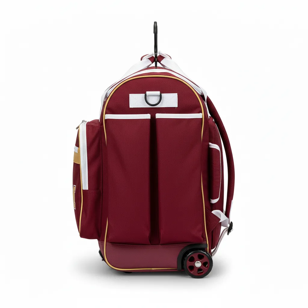 Custom Softball Wheeled Bag - Custom Design - Burgundygoldwhite - Side View - HAMCO Sports Inc.