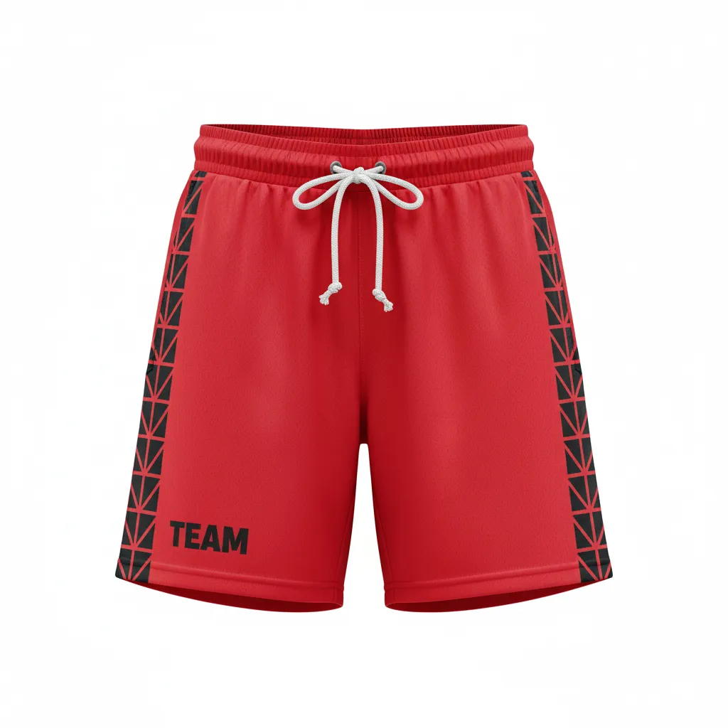 Custom Volleyball Athletic Shorts - Red, Black - Athletic Shorts Athletic Geometric Triangles - Front View - HAMCO Sports Inc.