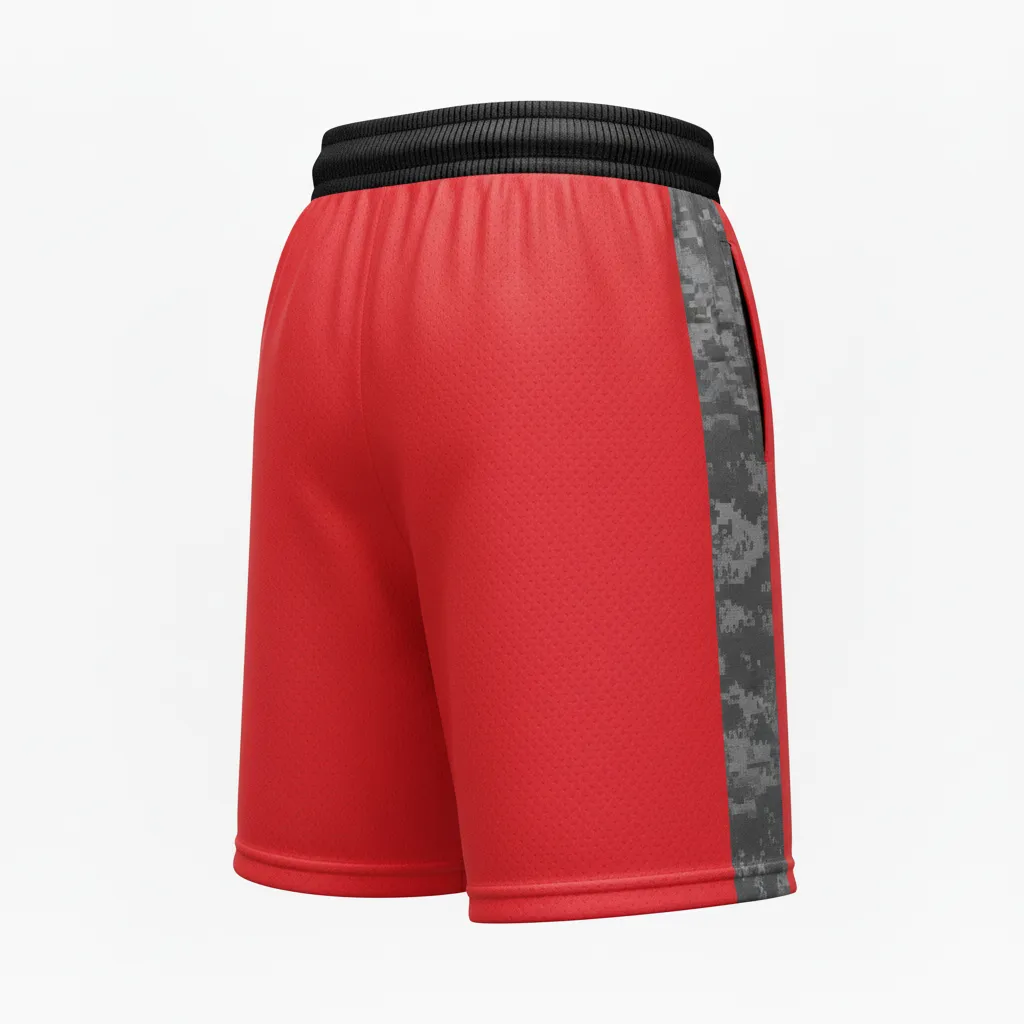 Custom Volleyball Athletic Shorts - Red, Grey - Athletic Shorts Athletic Camo Pattern - Back View - HAMCO Sports Inc.