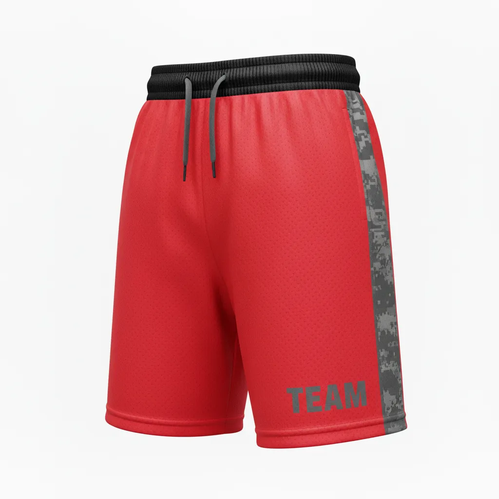 Custom Volleyball Athletic Shorts - Red, Grey - Athletic Shorts Athletic Camo Pattern - Front View - HAMCO Sports Inc.