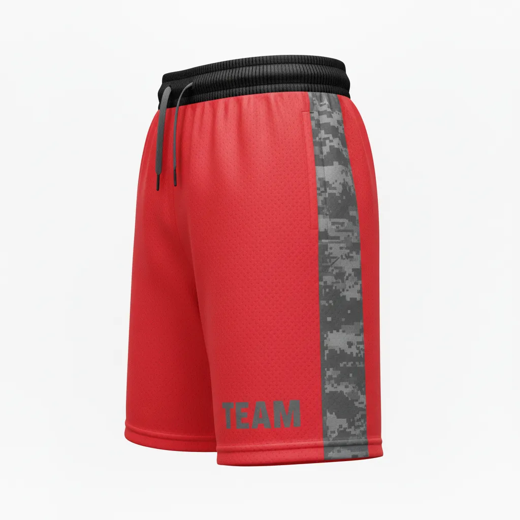 Custom Volleyball Athletic Shorts - Red, Grey - Athletic Shorts Athletic Camo Pattern - Side View - HAMCO Sports Inc.