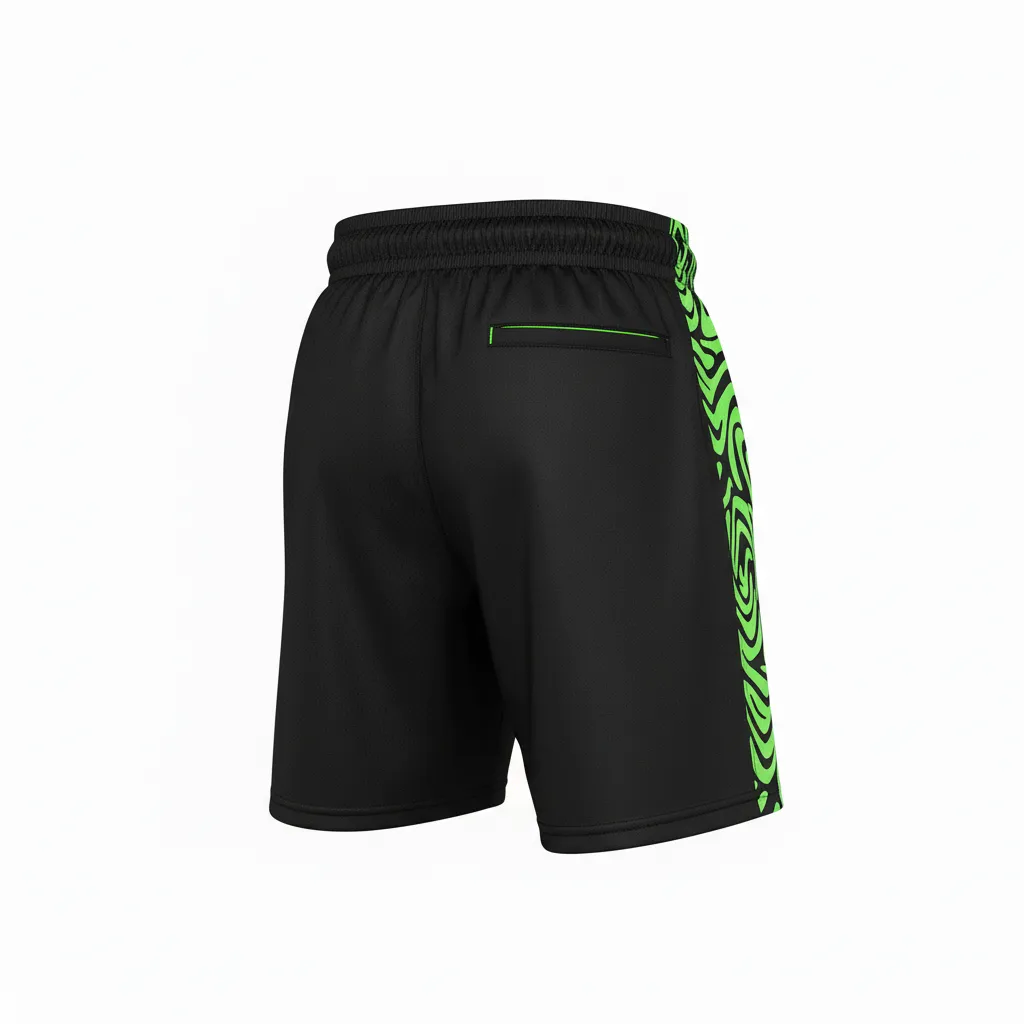 Custom Volleyball Athletic Shorts - Black, Green - Athletic Shorts Neon Wave Pattern - Back View - HAMCO Sports Inc.