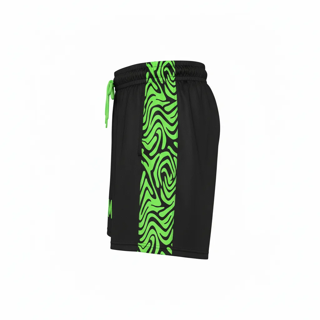 Custom Volleyball Athletic Shorts - Black, Green - Athletic Shorts Neon Wave Pattern - Side View - HAMCO Sports Inc.