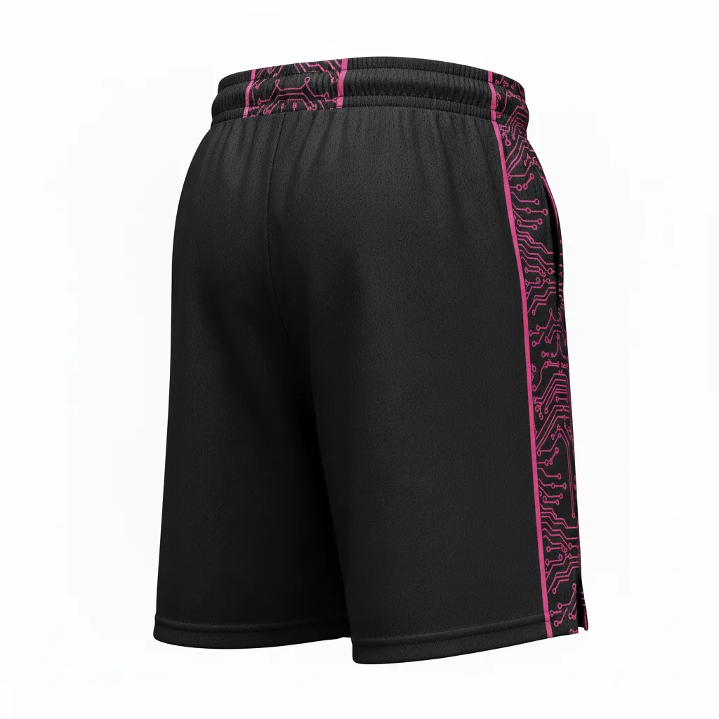 Custom Volleyball Athletic Shorts - Black - Athletic Shorts Neon Pink Circuit Pattern - Back View - HAMCO Sports Inc.