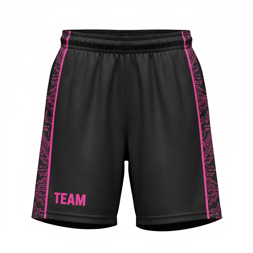Custom Volleyball Athletic Shorts - Black - Athletic Shorts Neon Pink Circuit Pattern - Front View - HAMCO Sports Inc.