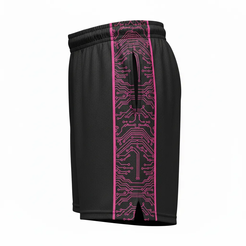 Custom Volleyball Athletic Shorts - Black - Athletic Shorts Neon Pink Circuit Pattern - Side View - HAMCO Sports Inc.
