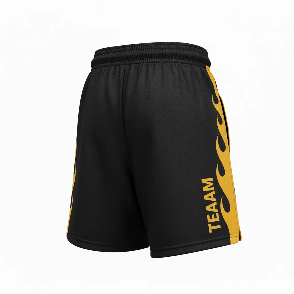 Custom Volleyball Athletic Shorts - Black, Gold - Athletic Shorts Vegas Flame Design - Back View - HAMCO Sports Inc.