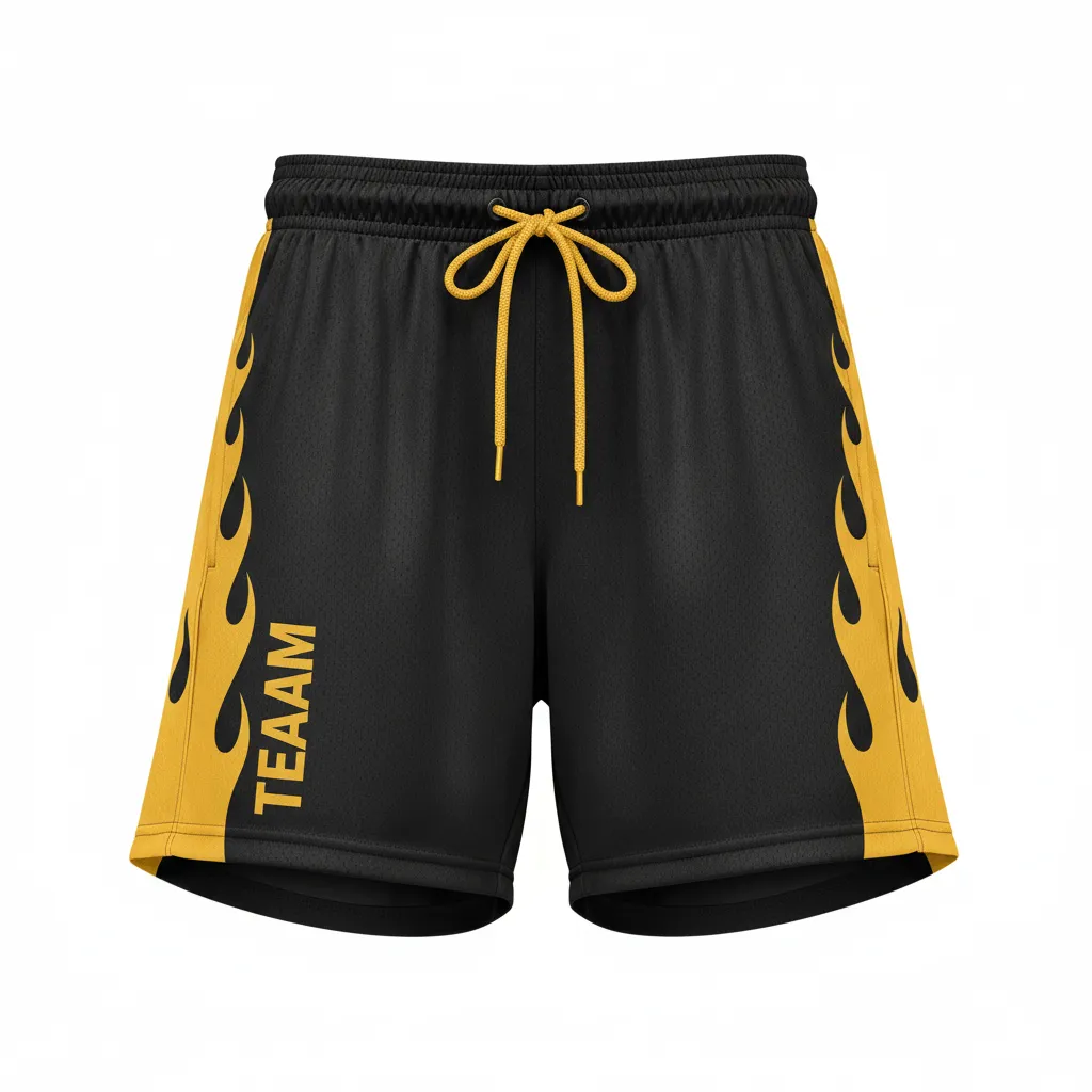 Custom Volleyball Athletic Shorts - Black, Gold - Athletic Shorts Vegas Flame Design - Front View - HAMCO Sports Inc.